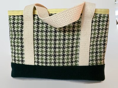 Small Upcycled Tote Bag, Green Houndstooth Wool with Lining - image6